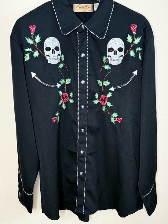 Scully Tops - Scully Skull Embroidered Western Shirt Black Roses Oversized L